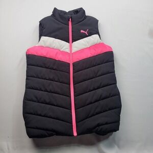 Puma Puffer Vest Youth Medium 10/12 Black Pink Athletic Running Puff Full Zip Up